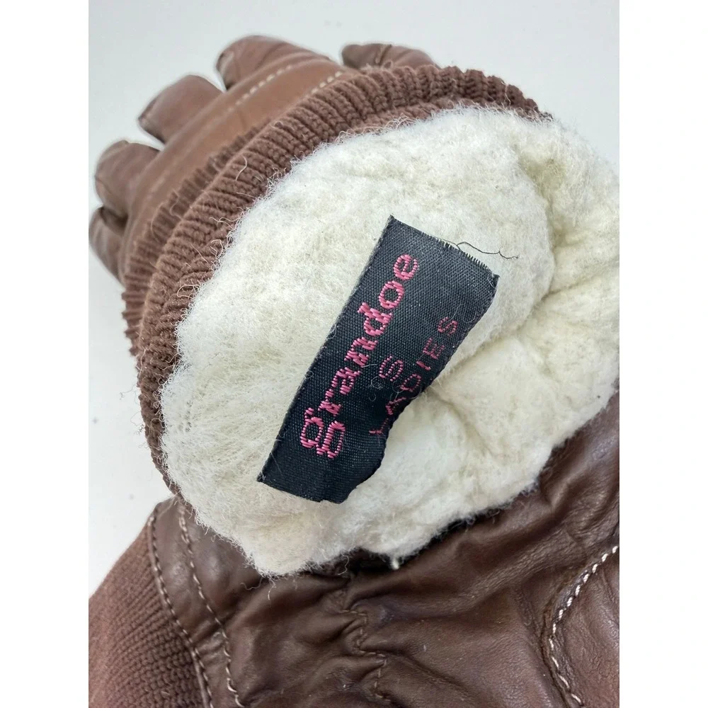 Grandoe Brown Genuine Leather Winter Puffer Gloves Fur Lined Knit Cuff S